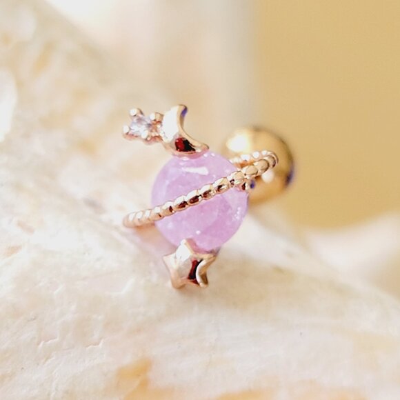 16G Rose Gold Planet Saturn with imitation pink opal clear CZ helix cartilage - Picture 1 of 6